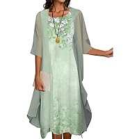 Womens Two Piece Set Floral Print Sleeveless Dresses with Cardigan Chiffon Casual Loose Plus Size Wedding Guest Dress