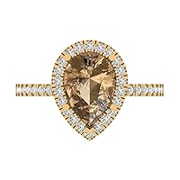 2.42ct Pear Cut Solitaire with Accent Halo Brown Champagne Simulated Diamond designer Modern Statement Ring 14k Yellow Gold