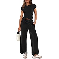 MEROKEETY Women's Summer 2 Piece Sets Cap Sleeve Crop Top Long Pant Lounge Set Casual Outfits Tracksuit