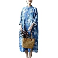Women's Linen Cotton Chinese Button Loose Style Dress Bat Sleeve Cheongsam Lotus Print Long Qipao