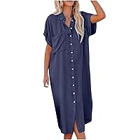 Women's Casual Lapel Neck Long Denim Dresses Button Up Short Sleeve Open Front Loose Shirt Dresses with Pockets