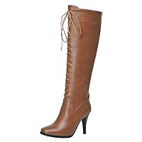 BIGTREE Womens Knee High Boots High Heels Zipper Square Toe Decorated Crisscross Lace Up Tall Boots
