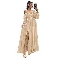 Cold Shoulder Chiffon Bridesmaid Dresses for Wedding 2024 Long Sleeve V Neck A-Line Formal Evening Party Gown with Slit
