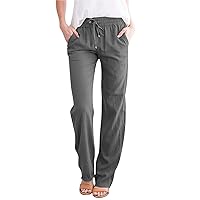 Women's Linen High Waisted Straight Pants with Pocket Long Pants Spring Flowy Beach Trousers Womens Summer Pants