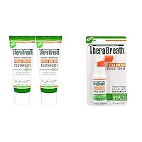TheraBreath Fresh Breath Dentist Formulated 24-Hour Toothpaste, Mild Mint, 4 Ounce (Pack of 2) & Fresh Breath Professional Formula Throat Spray with Green Tea, 1 Ounce
