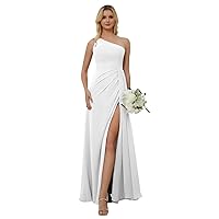 Women's One Shoulder Bridesmaid Dresses for Wedding with Slit Long Formal Dresses with Pockets YA003