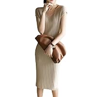Summer V-Neck Knitted Dress Short Sleeve Women's Midi Length Slim Dress Black Elastic Female Bodycon Vestidos