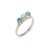 925 Sterling Silver Cultured Pearl & Blue Topaz Womens Band Ring