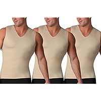 Made in USA - 3 Pack - Mens Compression Body Shaper Sleeveless V-Neck for Back Support, Gynecomastia & Hernias