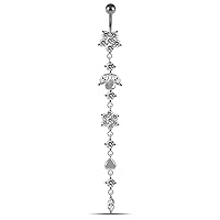 Fancy Extra Long Flower with Heart Dangling 925 Sterling Silver with Stainless Steel Belly Button Navel Rings