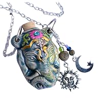 Large Raku Ceramic Elephant Head Pendant Necklace with Hand Painted Accents Dangling Sun and Moon Charms Ganesha Indian Boho Jewelry for Women Teen Girls Goddess Arts Collection