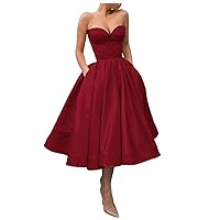 Satin Tea Length Homecoming Dress for Teens A Line V Neck Formal Evening Party Dress with Pockets HC56