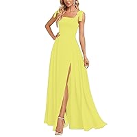 Women's Chiffon A-line Leg Slit Square Neck Evening Party Dress with Pocket/Bow