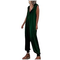 Women's Loose Casual One Piece Jumpsuit Sleeveless Button Front Wide Leg Long Pants Rompers with Hood Baggy Overalls