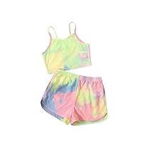 WDIRARA Girl's 2 Piece Outfits Tie Dye Sleeveless Cami Top and Elastic Waist Shorts Set
