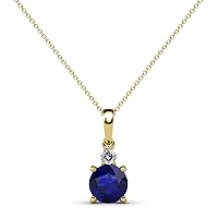 Round Blue Sapphire & Diamond 1 ctw Womens Two Stone Pendant Necklace 18 Inches 14K Yellow Gold Chain