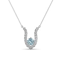 Round Aquamarine Natural Diamond 1/3 ctw Women Pendant Necklace. Included 16 Inches Chain 14K Gold