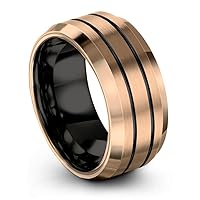 Tungsten Wedding Band Ring 10mm for Men Women Bevel Edge 18K Rose Gold Black Double Line Brushed Polished