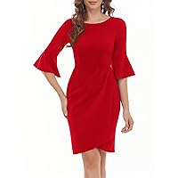 Gardenwed Womens 3/4 Bell Sleeve Sheath Vintage Cocktail Party Dress Bodycon Ruched Church Dresses