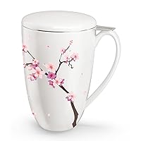 Tea Cup with Infuser and Lid for Steeping Loose Leaf Tea Bag Coffee Milk Women Office Home Gift 16oz Peach Blossoms