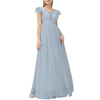 A-Line Party Gowns Elegant Bridesmaid Dress V Neck Short Sleeve Evening Dress Floor Length Tulle with Pleats 2023