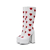 Frankie Hsu Women's Large Size Cute White Pu Leather Red Heart Spade Shape Patent Preppy Style Platform Chunky Block Heels Knee High Heeled Boots