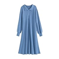 Women Winter Blue Commuter Style Knit Dress Mid-Length Polo Collar Long Waist Dress