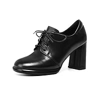 TinaCus Women's Genuine Leather Square Toe Handmade Lace-Up High Chunky Heels Chic Oxford Shoes with Platform