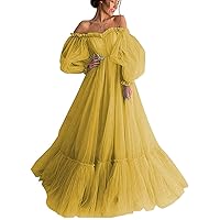 Women's A Line Off Shoulder Quinceanera Dress Long Puffy Sleeve Appliques Tulle Ball Gowns Gold