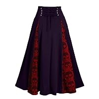 Women Vintage Gothic High Waist Lace Patchwork Bandage Pleated Midi Skirt Party Costumes Buttons A Line Long Skirts