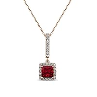 Princess Cut Ruby & Diamond Halo Pendant Necklace 0.61 ctw 14K Rose Gold with 18