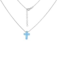 Sterling Silver Cross Necklace Synthetic Opal 16 inch + 2 inch extension