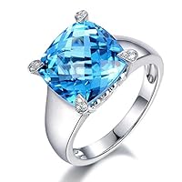 Fashion London Blue Natural Topaz Gemstone Prong Diamond Engagement Wedding Solid 14K White Gold Band Ring Set for Women