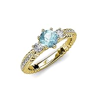 Aquamarine and Diamond Three Stone Ring with Diamond on Side Bar 1.45 cttw in 14K Yellow Gold