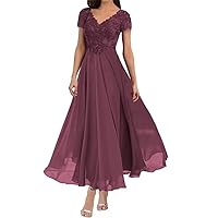 Tea Length Mother of The Bride Dress Plus Size Floral Lace Chiffon Desert-Rose Formal Evening Gowns for Wedding, US 16w