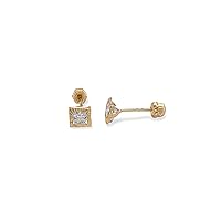 10K Gold CZ Stud Earrings Square Settings Illusion setting with Secured Posts