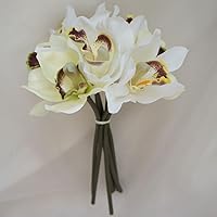 Set of 2 Mini 7 Stems Cymbidium Orchid Bundle Artificial Flowers (White)
