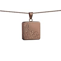British Jewellery Workshops 9ct Rose Gold 22mm square half hand engraved flat Locket with a 1mm wide curb Chain