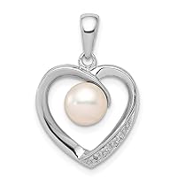 925 Sterling Silver Polished 6mm Freshwater Cultured Pearl and Diamond Love Heart Pendant Necklace Jewelry for Women