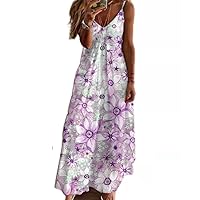 Women's Spaghetti Strips V-Neck Floral Printed Loose Casual Long Maxi Dress