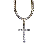 Mens 14k Gold Finish 4mm Tennis Link Chain Choker Iced Out Jesus Crucifix Cross Pendant Rappers Necklace Iced Prong Set Tennis Chain for Men, Tennis Jesus Chain Choker Necklace (16