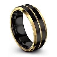 Tungsten Wedding Band Ring 8mm for Men Women Bevel Edge Black 18K Yellow Gold Center Line Brushed Polished