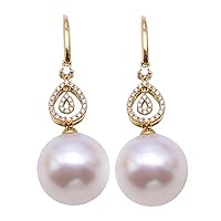 15mm Round Natural White South Sea Pearl Earrings 18K Gold Hook Earrings inlay Diamonds AAA+ Bridal Jewelry