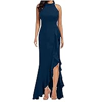 Women's Sleeveless Halter Neck Evening Gown Split Ruffle Retro Mermaid Formal Wedding Cocktail Keyhole Back Dresses