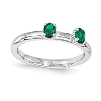 2.5mm 925 Sterling Silver Polished Prong set Created Emerald Two Stone Ring Jewelry Gifts for Women - Ring Size Options: 5 6 7 8 9