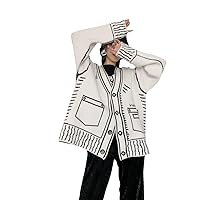 Print Graffiti Unique Cardigan Women Loose V-Neck Long Sleeve Knitted Female Cardigans Coat Winter