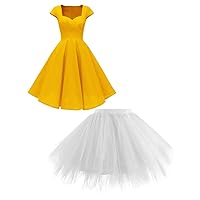 Hanpceirs Women's Cap Sleeve Vintage Dress Gold M + 1950s Tutu Skirt Halloween Cosplay Christmas Party White S/M