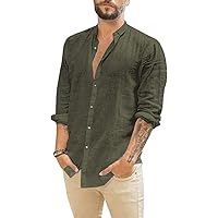 Mens Casual Long Sleeve Cotton Linen Shirts Buttons Down Solid Plain Roll-Up Sleeve Summer Beach Shirts