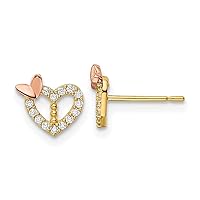 14 kt Two Tone Gold Button CZ Heart with Butterfly Post Earrings 7 x 8 mm