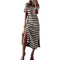 Women's Summer Fashion Stripe V-Neck Short Sleeved Dress with Side Slit at The Hem Casual Loose Fitting Long Skirt